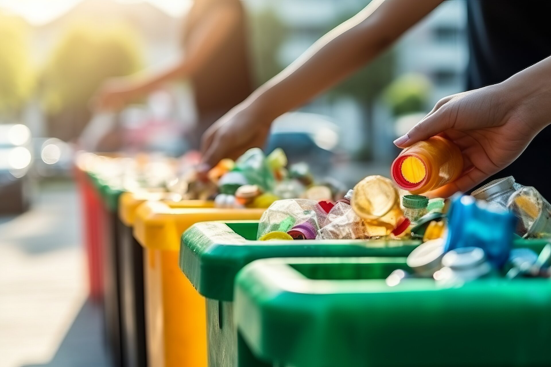 Die Trennung von Kunststoffflaschen in Recycling-Behältern dient dem Schutz