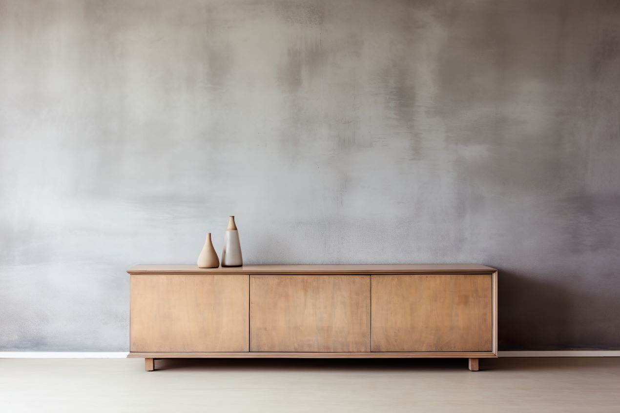 Stilvolles Sideboard aus hellem Holz vor einer grau strukturierten Betonwand, dekoriert mit schlichten Keramikvasen – perfekt für minimalistische Wohnräume.