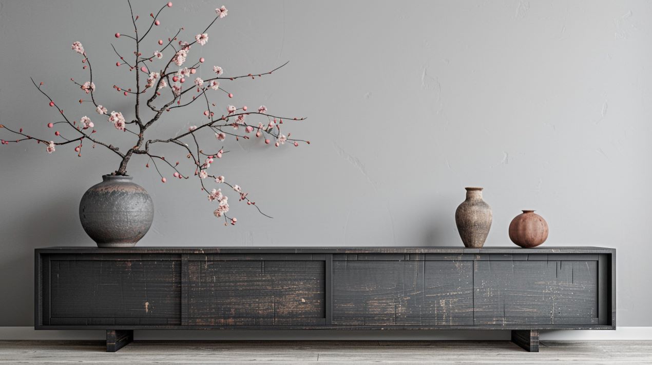 Rustikales, schwarzes Sideboard mit Vintage-Optik, dekoriert mit Kirschblütenzweig und Keramikvasen, vor einer schlichten grauen Wand – ideal für den Japandi-Stil.