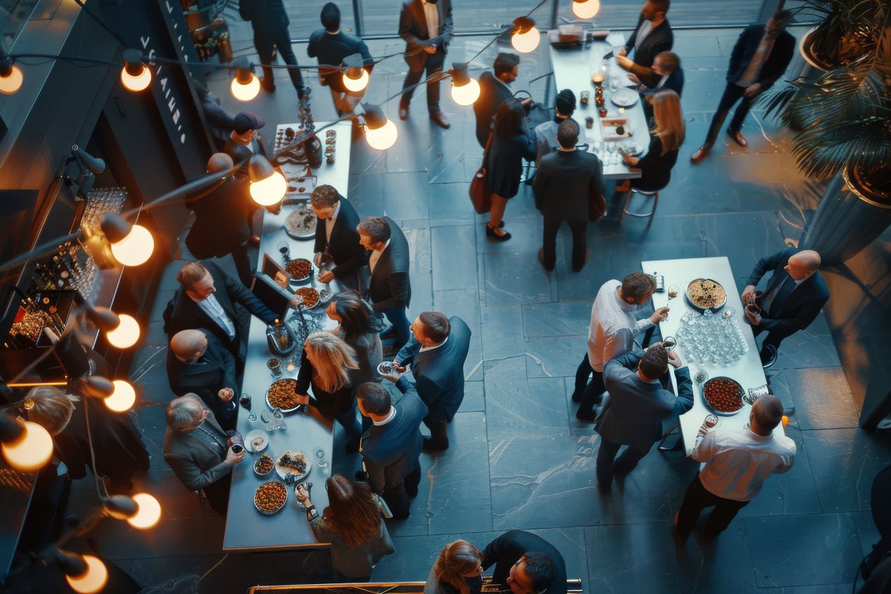 Teilnehmer beim lockeren Networking mit Buffet in einer urbanen, modernen Firmenevent Location