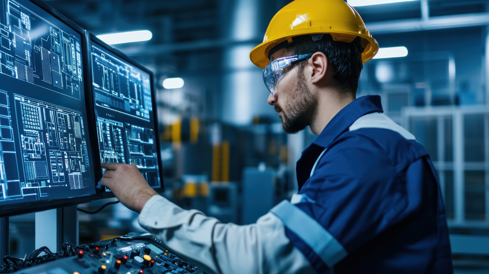 Techniker analysiert Prozessdaten auf Monitoren | Gasdruckdämpfer