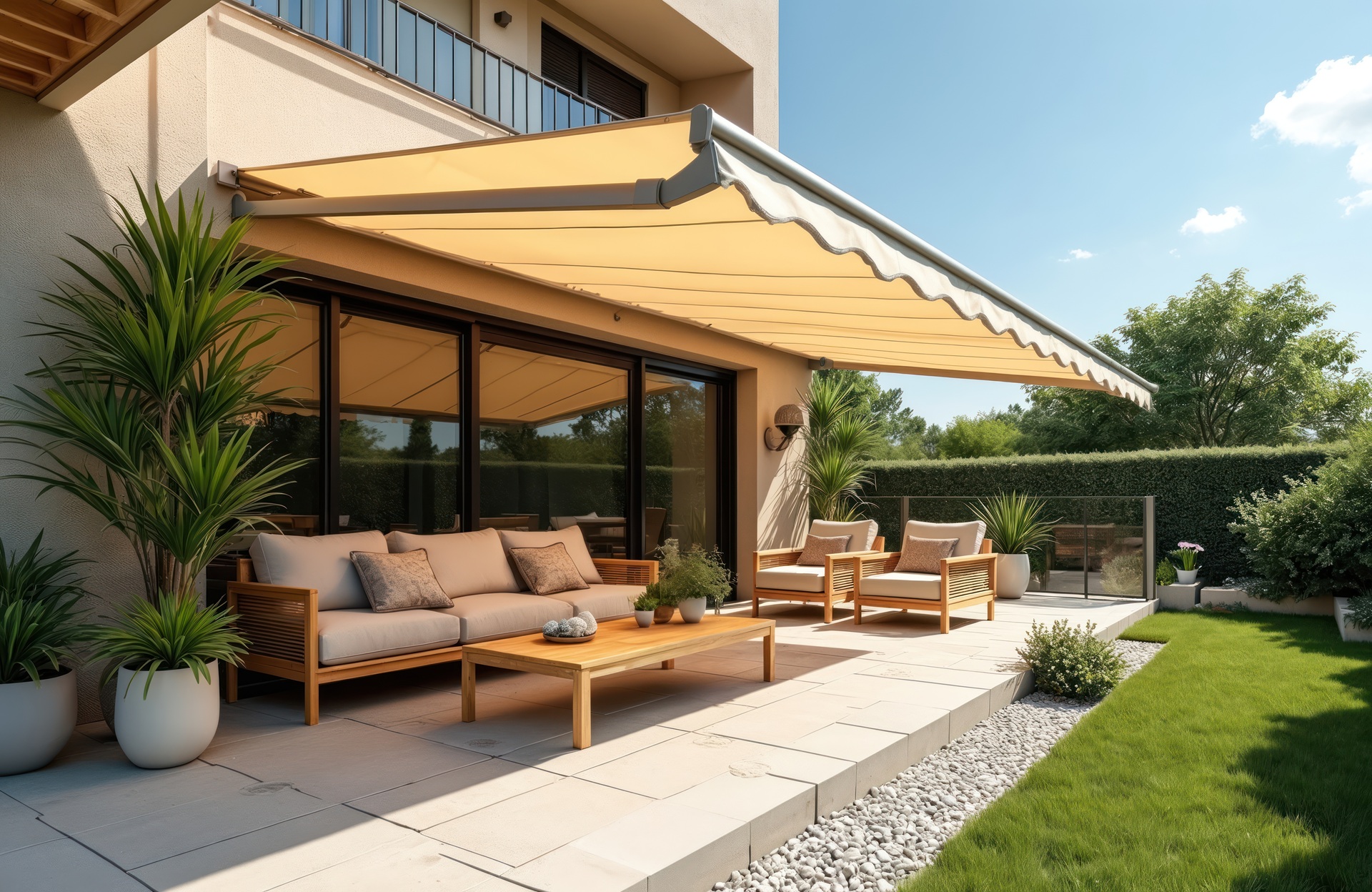 Moderne Terrasse mit Sonnenschutz | Hohlkammerplatten kaufen