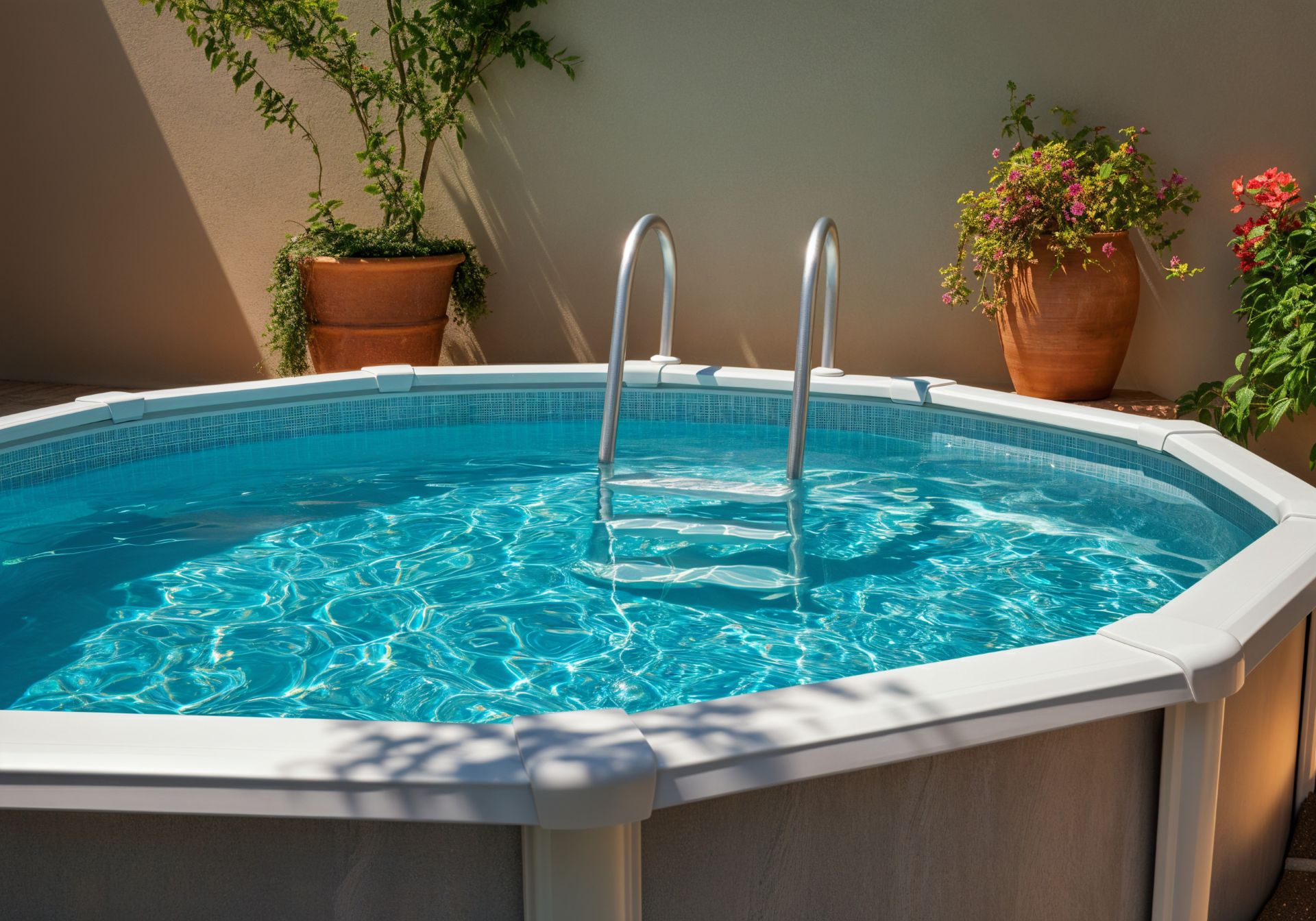 Kleiner Rundpool im Garten mit Einstiegsleiter und Blumenkuebeln – Beispiel fuer platzsparende Poolloesung