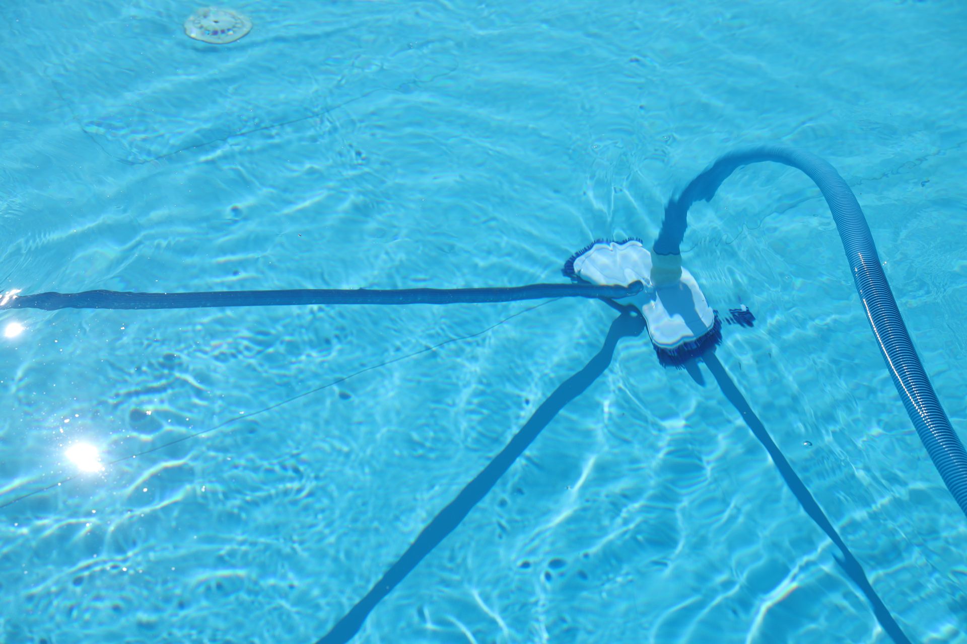 Blauer Pool mit Bodensauger und Schlauch – Reinigung eines Rundpools im Gartenbereich