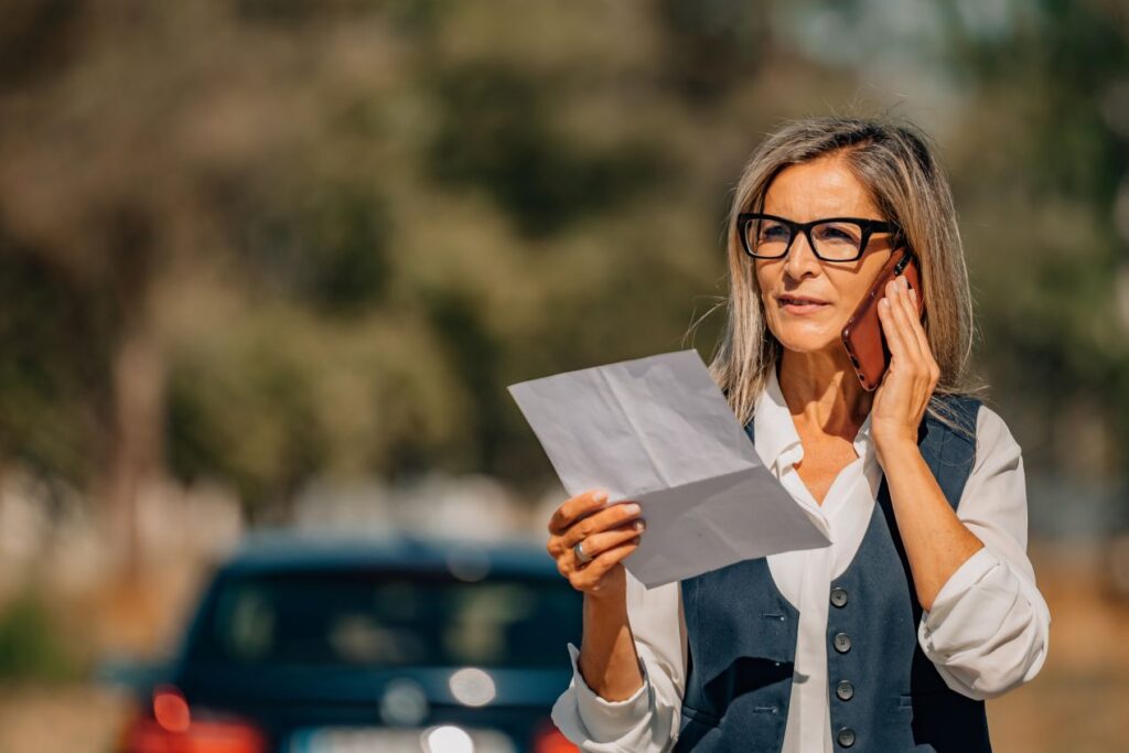 frau telefoniert nach unfall und haelt dokument in der hand waehrend ein kfz sachverstaendiger viernheim spaeter den schaden bewertet