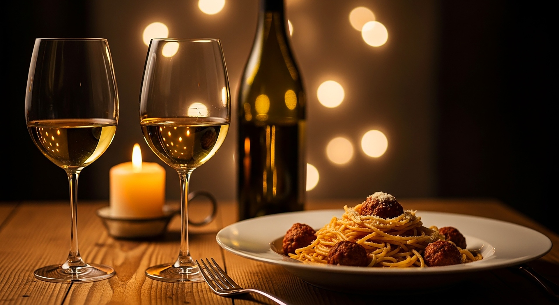 Teller Pasta mit Kerze und Wein im Hintergrund | Extensions