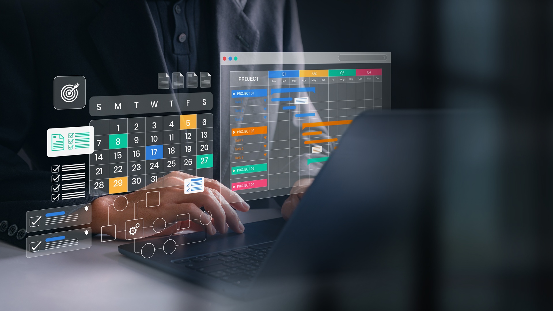 Digitale Projektplanung mit Zeitplan und Aufgabenmanagement auf Laptop | Roll Up Banner